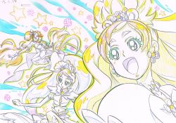 Rule 34 | 3girls, amanogawa kirara, arm warmers, bare shoulders, bow, choker, color trace, cure flora, cure mermaid, cure twinkle, earrings, flower earrings, frilled skirt, frills, gloves, go! princess precure, hair ornament, hair ribbon, half updo, haruno haruka, heart, itaoka1, jewelry, kaidou minami, long hair, magical girl, midriff, multiple girls, navel, open mouth, partially colored, ponytail, precure, puffy sleeves, quad tails, ribbon, sketch, skirt, smile, star (symbol), star earrings, thighhighs, traditional media, twintails, very long hair