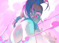 Rule 34 | 1girl, alisvart, arcane: league of legends, arm tattoo, bare shoulders, blue hair, blue lips, blue nails, braid, braided ponytail, cloud tattoo, from below, jinx (league of legends), league of legends, looking at viewer, nail polish, pink eyes, solo, tank top, tattoo