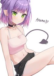 Rule 34 | 1girl, bare arms, bare shoulders, black choker, black shorts, blush, bob cut, breasts, camisole, choker, cleavage, cleavage cutout, closed mouth, clothing cutout, collarbone, commentary request, crop top, demon tail, gradient hair, green eyes, heart, heart cutout, hololive, looking at viewer, midriff, multicolored hair, navel, o-ring, o-ring choker, piercing, pink camisole, pink hair, pointy ears, purple hair, romaji text, short shorts, shorts, simple background, small breasts, solo, syhan, tail, tail ornament, tail piercing, tokoyami towa, translated, virtual youtuber, white background