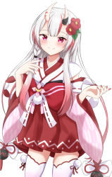 Rule 34 | 1girl, absurdres, blush, commentary request, flower, gradient hair, hair between eyes, hair flower, hair ornament, highres, hololive, horns, long hair, looking at viewer, multicolored hair, nakiri ayame, nakiri ayame (shrine maiden), nontraditional miko, red eyes, red hair, red nails, rinkaa (lovelive765pro2), sidelocks, simple background, skin-covered horns, smile, solo, streaked hair, thighhighs, virtual youtuber, white background, white hair, white thighhighs, wide sleeves, zettai ryouiki