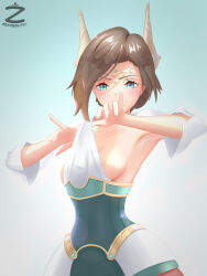 Rule 34 | 1girl, absurdres, alexandria (xenoblade), armpit cutout, braid, breasts, brown hair, circlet, clothes pull, clothing cutout, french braid, green eyes, headpiece, highres, looking at viewer, medium breasts, nipple slip, nipples, ornament, pulling own clothes, shirt pull, smile, solo, xenoblade chronicles (series), xenoblade chronicles 3, zambonito