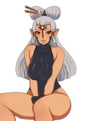 Rule 34 | 1girl, bare shoulders, breasts, brown eyes, covered erect nipples, large breasts, long hair, looking at viewer, matoyama, nintendo, paya (zelda), silver hair, sitting, smile, solo, the legend of zelda, white background
