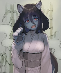 Rule 34 | 1girl, animal ear fluff, animal ears, animal hands, bamboo, black hair, chamame, commentary request, fangs, fur-trimmed sleeves, fur trim, hair between eyes, hand up, japanese clothes, kimono, long hair, looking at viewer, obi, open mouth, partial commentary, red eyes, sash, sidelocks, solo, standing, tiger ears, tiger paws, tongue, twitter username, upper body, yamada tae, zombie land saga