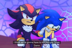 Rule 34 | 2boys, artist name, black fur, blue fur, commentary, depressed, english commentary, english text, frown, furry, furry male, gloves, hand on another&#039;s shoulder, hedgehog tail, i think we&#039;re gonna have to kill this guy steven (meme), male focus, meme, multiple boys, pink eyes, setispaghetti, shadow the hedgehog, simple background, sonic (series), sonic prime, sonic the hedgehog, teeth, upper teeth only, white gloves