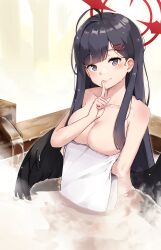 Rule 34 | 1girl, absurdres, ahoge, bathing, black hair, black wings, blue archive, blue eyes, closed mouth, completely nude, covering privates, covering breasts, finger to mouth, hair ornament, hairclip, halo, highres, holding, holding towel, ichika (blue archive), index finger raised, koy (4767269), looking at viewer, low wings, nude, outdoors, partially submerged, red halo, shushing, smile, solo, steam, towel, tree, wet, wings