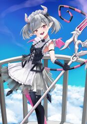 Rule 34 | 1girl, absurdres, arianne the labrynth servant, black gloves, black thighhighs, dress, duel monster, gloves, grey hair, highres, holding, holding polearm, holding weapon, looking at viewer, maid, maid headdress, pink eyes, pink thighhighs, pink wings, polearm, solo, thighhighs, triangle del, twintails, weapon, white dress, wings, yu-gi-oh!
