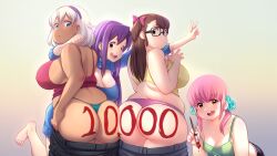 Rule 34 | 4girls, absurdres, ass, ass focus, black-framed eyewear, blue eyes, bodypaint, breasts, brown hair, cleavage, cloudxmoe, cowboy shot, from behind, glasses, gradient background, green eyes, grey background, hair between eyes, hairband, highres, holding, holding paintbrush, large breasts, long hair, looking at viewer, looking back, lyra (cloudxmoe), median furrow, medium hair, mole, mole under eye, multiple girls, one side up, open mouth, orange eyes, original, outstretched arm, own hands together, paint on body, paintbrush, panties, parted lips, pink hair, plump, purple hair, purple hairband, tareme, thick arms, thick thighs, thighs, thong, underwear, upper body, v, white hair, yellow eyes
