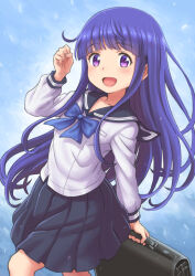 Rule 34 | 1girl, :d, absurdres, arm up, black sailor collar, black skirt, blue bow, blue bowtie, blue hair, blunt bangs, bow, bowtie, briefcase, clenched hand, floating hair, furude rika, gig99, highres, higurashi no naku koro ni, holding, holding briefcase, long hair, long sleeves, looking at viewer, open mouth, pleated skirt, purple eyes, sailor collar, school briefcase, school uniform, serafuku, shirt, skirt, smile, solo, white shirt