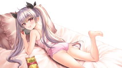 Rule 34 | 1girl, :d, ass, bad id, bad pixiv id, bag of chips, bare arms, bare legs, bare shoulders, barefoot, bed sheet, blush, bnari, camisole, commentary request, fang, hair between eyes, highres, holding, horns, korean text, leg up, long hair, lying, nintendo switch, on stomach, open mouth, original, pillow, pink camisole, pink shorts, red eyes, short shorts, shorts, silver hair, smile, solo, translation request, twintails, very long hair, white background