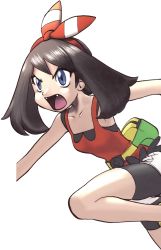 Rule 34 | 1girl, angry, armpits, bag, bare shoulders, bike shorts, black shorts, blue eyes, bow, brown hair, child, clenched hands, collarbone, colorized, creatures (company), fangs, fanny pack, female focus, fighting stance, flat chest, game freak, gen 3 pokemon, gen 6 pokemon, hair bow, hair ornament, hair ribbon, legs, looking away, may (pokemon), may (pokemon oras), medium hair, neck, nintendo, open mouth, outstretched arms, pokemon, pokemon adventures, red bow, red ribbon, red shirt, ribbon, running, shiny clothes, shirt, shoes, short shorts, shorts, side bangs, sleeveless, sleeveless shirt, sneakers, source request, spread arms, spread legs, thighs, third-party edit, tight clothes, tight shirt, transparent background, two-tone bow, two-tone ribbon, v-shaped eyebrows, wristband, yamamoto satoshi, yellow footwear