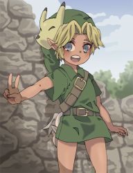 Rule 34 | 1boy, blonde hair, blue eyes, blush, child, link, male focus, nintendo, pointy ears, solo, tagme, the legend of zelda, v, young link