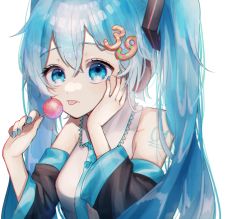 Rule 34 | 1girl, 39, absurdres, aqua eyes, aqua hair, aqua nails, aqua necktie, bare shoulders, black sleeves, candy, commentary, detached sleeves, food, grey shirt, hair ornament, hand on own cheek, hand on own face, hatsune miku, headphones, highres, holding, holding candy, holding food, holding lollipop, huge filesize, lollipop, long hair, mame kuri, nail polish, necktie, number hair ornament, shirt, shoulder tattoo, sleeveless, sleeveless shirt, solo, tattoo, tongue, tongue out, twintails, upper body, very long hair, vocaloid, white background