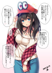 Rule 34 | ..., 1girl, ^^^, arm up, black hair, blue eyes, blush, breasts, cappy (mario), checkered clothes, checkered scarf, commentary request, cowboy shot, crossover, dated, fringe trim, gradient background, hairband, hand on headwear, hat, highres, idolmaster, idolmaster cinderella girls, jewelry, large breasts, long hair, long sleeves, mario, mario (series), necklace, nintendo, off-shoulder, off-shoulder sweater, off shoulder, pendant, pink background, possessed, possession, red eyes, red hat, red scarf, sagisawa fumika, scarf, signature, solo, speech bubble, spoken ellipsis, standing, super mario odyssey, sweater, tareme, translation request, yellow sweater, yoohi