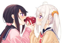 Rule 34 | 2girls, absurdres, ahoge, apple, black hair, black sailor collar, blush, brown sweater, closed mouth, commentary request, eating, eye contact, food, fruit, hair between eyes, hair ornament, hair scrunchie, highres, holding, holding food, holding fruit, holding hands, long hair, long sleeves, looking at another, low ponytail, multiple girls, nail polish, open mouth, orange scrunchie, original, pink nails, pink scarf, pink sweater, ponytail, profile, purple eyes, red apple, sailor collar, scarf, school uniform, scrunchie, serafuku, shared food, side ponytail, silver hair, simple background, sleeves past wrists, sweat, sweater, teeth, upper body, upper teeth only, white background, zero (miraichizu)