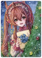 1girl absurdres alternate_hairstyle animal_ears blush bonnet brown_hair christmas_tree commentary_request hair_between_eyes hair_ornament highres horse_girl looking_at_viewer mejiro_bright_(umamusume) official_alternate_costume open_mouth painting_(medium) portrait solo traditional_media umamusume watercolor_(medium) yuika_b1ue