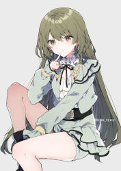 Rule 34 | 1girl, :o, bare legs, blush, dress, earrings, feet out of frame, finger to mouth, frilled dress, frilled sleeves, frills, green eyes, green hair, green jacket, green shorts, grey background, highres, idol, idolmaster, idolmaster shiny colors, ikeuchi tanuma, jacket, jewelry, knee up, long hair, long sleeves, looking at viewer, nail polish, nanakusa nichika, neck ribbon, puffy long sleeves, puffy sleeves, ribbon, shorts, simple background, solo, upper body, very long hair