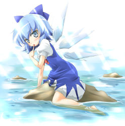 Rule 34 | 1girl, blue eyes, blue hair, bow, cirno, finger to mouth, hair bow, kneeling, light rays, matching hair/eyes, ocean, solo, straddling, sunbeam, sunlight, touhou, water, wet, wet clothes, wings, yatsuka