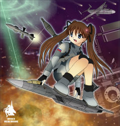Rule 34 | 1girl, aircraft, airplane, antonov an-225, brown hair, flying, hair ribbon, high-explosive anti-tank (warhead), jet, long hair, man-portable anti-tank systems, mecha musume, mecha to identify, military, missile, open mouth, pak fa, ribbon, rocket-propelled grenade, rocket (projectile), rocket launcher, rpg, rpg-7, rpg (weapon), russia, satellite, solo, twintails, vjptox, weapon