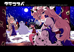Rule 34 | 3girls, animal hat, blonde hair, blush, brown hair, chen, dress, female focus, frilled dress, frills, full moon, hand on own face, hands on own hips, hat, hat ribbon, letterboxed, long hair, long sleeves, looking at viewer, mob cap, moon, multiple girls, multiple tails, night, outdoors, mob cap, purple eyes, ribbon, rondo umigame, shoes, snow, snowing, snowman, tail, tassel, touhou, yakumo ran, yakumo yukari