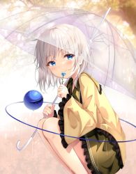 Rule 34 | 1girl, bad id, bad twitter id, blue eyes, blue flower, closed mouth, feet out of frame, flower, from side, green skirt, grey hair, holding, holding flower, holding umbrella, kofumi (nxme5555), komeiji koishi, long sleeves, looking at viewer, outdoors, shirt, short hair, skirt, smile, solo, squatting, third eye, touhou, transparent, transparent umbrella, umbrella, wide sleeves, yellow shirt