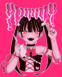 Rule 34 | 1girl, black hair, bow, bowtie, crazy, heart, heart-shaped eyes, idol clothes, jirai kei, original, pink eyes, pink nails, solo, sweat, twintails, wing hair ornament, xox 755nya, yandere