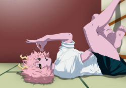 Rule 34 | 10s, 1girl, absurdres, ashido mina, barefoot, black sclera, blouse, boku no hero academia, breasts, colored sclera, colorized, crossed legs, eating, feet, female focus, food, hand on leg, highres, holding, horikoshi kouhei, horns, looking at viewer, looking to the side, lying, messy hair, on back, on floor, open mouth, pleated skirt, pocky, school uniform, serafuku, shirt, short hair, skirt, soles, solo, stiky finkaz, tatami, toes, yellow eyes