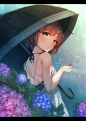 Rule 34 | 1girl, back, blush, breasts, brown hair, commentary request, flower, from behind, green eyes, highres, holding, holding umbrella, hydrangea, letterboxed, looking at viewer, looking back, md5 mismatch, original, outdoors, rain, rerrere, resolution mismatch, short hair, sideboob, small breasts, solo, source smaller, spaghetti strap, umbrella