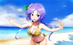 Rule 34 | 1girl, animal print, beach, bent over, bikini, blue sky, breasts, cleavage, cloud, collarbone, day, flower, hair flower, hair ornament, highres, large breasts, long hair, low twintails, navel, ocean, open mouth, outdoors, outstretched arms, purple eyes, purple hair, side-tie bikini bottom, sinzan, sky, smile, solo, swimsuit, tiger print, touhou, tsukumo benben, twintails, very long hair, yellow bikini