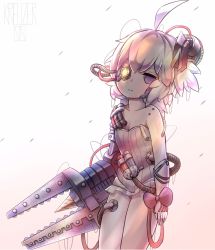 Rule 34 | 1girl, ahoge, artist name, azur lane, bare shoulders, breasts, collarbone, commentary, crossover, cyborg, dress, drill, drill hand, empty eyes, expressionless, highres, kreuzer 00, light purple hair, mechanical arms, purple eyes, short hair, signature, single mechanical arm, small breasts, solo, standing, tube, universal bulin (azur lane), veins, warhammer 40k, white dress