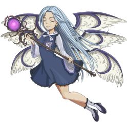 Rule 34 | bad deviantart id, bad id, blue hair, dress, closed eyes, full body, long hair, oles-x, sariel (touhou), shoes, smile, socks, solo, staff, touhou, touhou (pc-98), transparent background, wings