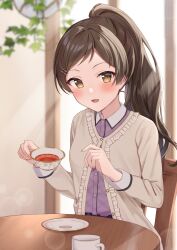 Rule 34 | 1girl, absurdres, blurry, blurry background, blush, brown hair, cup, highres, holding, holding cup, idolmaster, idolmaster million live!, idolmaster million live! theater days, jpeg artifacts, kitazawa shiho, long hair, looking at viewer, mochiko (uyu omochi), open mouth, parted bangs, ponytail, sitting, smile, solo, table, tea, teacup, yellow eyes