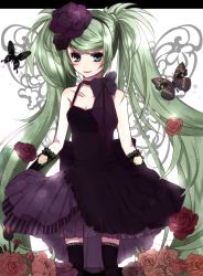 Rule 34 | 1girl, an-mar, bad id, bad pixiv id, bug, butterfly, dress, elbow gloves, flower, gloves, green eyes, green hair, hatsune miku, highres, insect, long hair, matching hair/eyes, rose, smile, solo, thighhighs, twintails, very long hair, vocaloid