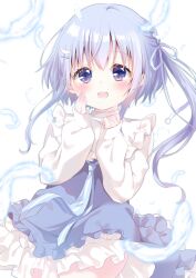 Rule 34 | 1girl, blue dress, blue eyes, blue hair, blue ribbon, blush, commentary request, dress, feathers, frilled dress, frills, hair between eyes, hair ribbon, hands up, highres, kuune rin, long hair, long sleeves, one side up, original, puffy long sleeves, puffy sleeves, ribbon, shirt, simple background, sleeves past wrists, solo, very long hair, white background, white shirt, wing hair ornament