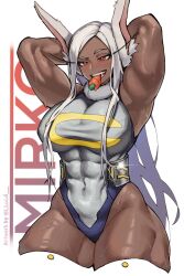 Rule 34 | 1girl, animal ears, arms up, bare shoulders, blush, boku no hero academia, breasts, carrot, character name, covered abs, covered navel, crescent print, cropped legs, dark-skinned female, dark skin, food in mouth, fur collar, highleg, highleg leotard, highres, large breasts, leotard, lloid (lloidy), long eyelashes, long hair, looking at viewer, mirko, muscular, muscular female, parted bangs, rabbit ears, rabbit girl, raised eyebrow, red eyes, sleeveless turtleneck leotard, smile, solo, sweat, taut leotard, teeth, thick thighs, thighs, twitter username, very long hair, white background, white hair, white leotard
