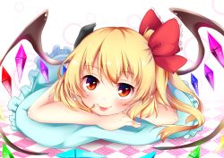 Rule 34 | 1girl, :p, black legwear, blonde hair, blush, bow, checkered floor, flandre scarlet, floor, hair bow, hat, highres, looking at viewer, lying, on stomach, pillow, red eyes, side ponytail, sisterakuma, slit pupils, smile, solo, tongue, tongue out, touhou, wings