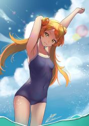 Rule 34 | 1girl, arm behind head, arm up, armpits, blue one-piece swimsuit, blue sky, blurry, breasts, c (theta), closed mouth, cloud, commentary request, competition school swimsuit, covered navel, day, depth of field, highres, idolmaster, idolmaster million live!, long hair, looking at viewer, ocean, ogami tamaki, one-piece swimsuit, orange hair, parted bangs, school swimsuit, signature, skin tight, sky, small breasts, solo, sunlight, swept bangs, swimsuit, thighs, wading, water, wavy hair, yellow eyes