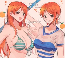 Rule 34 | 2girls, asymmetrical hair, bikini, blue shirt, blush, breasts, cleavage, clima-tact, commentary, dated, dual persona, earrings, english commentary, food, fruit, green bikini, grin, heart, holding, holding weapon, jewelry, joman, long hair, looking at viewer, mandarin orange, medium breasts, money gesture, multiple girls, nami (one piece), number pun, one piece, open mouth, orange (fruit), orange eyes, orange hair, parted bangs, pink background, shirt, short hair, short sleeves, simple background, smile, string bikini, striped clothes, striped shirt, swimsuit, time paradox, twitter username, two-tone shirt, upper body, weapon, white shirt