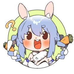 Rule 34 | 1girl, ?, amonitto, animal ears, blue hair, braid, carrot hair ornament, chibi, commentary request, detached sleeves, don-chan (usada pekora), food-themed hair ornament, green background, hair ornament, highres, hololive, long hair, multicolored hair, open mouth, rabbit ears, shirt, solo, teeth, thick eyebrows, transparent background, twin braids, two-tone hair, upper body, upper teeth only, usada pekora, usada pekora (1st costume), virtual youtuber, white hair, white shirt