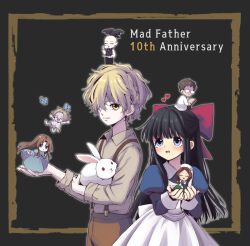 Rule 34 | 3boys, 3girls, alfred drevis, apron, aya drevis, bandage over one eye, black hair, blonde hair, blunt bangs, bow, braid, brown hair, chibi, father and daughter, glasses, hair bow, ines (mad father), lab coat, long hair, mad father, maid, maid headdress, maria (mad father), monika drevis, mother and daughter, multiple boys, multiple girls, official art, ogre (mad father), puffy sleeves, rabbit, robin (mad father), seeen, snowball (mad father), twin braids