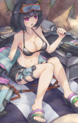 Rule 34 | 1girl, artist request, bare legs, bikini, bikini top only, black hair, breasts, cleavage, fate/grand order, fate (series), full body, goggles, goggles on head, hand fan, holstered, jacket, unworn jacket, large breasts, navel, open mouth, osakabehime (fate), osakabehime (swimsuit archer) (fate), osakabehime (swimsuit archer) (first ascension) (fate), purple eyes, sandals, shorts, swimsuit, thigh strap