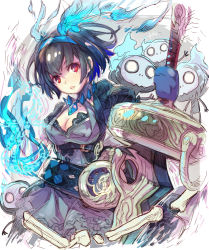 Rule 34 | 1girl, :o, alice (sinoalice), blue dress, blue gloves, blue hair, breasts, cleavage, dress, gloves, hair between eyes, haku (sabosoda), headband, holding, holding sword, holding weapon, looking at viewer, open mouth, red eyes, short hair, short sleeves, sinoalice, solo, sword, weapon