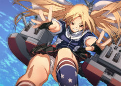 Rule 34 | 1girl, american flag, american flag legwear, american flag print, anti-aircraft, anti-aircraft gun, azur lane, black gloves, black skirt, blonde hair, blue background, blue jacket, breasts, capelet, cleveland (azur lane), commentary request, cowboy shot, fingerless gloves, flag print, floating hair, fu-ta, gloves, grin, hair ornament, jacket, kneehighs, long hair, looking at viewer, miniskirt, multicolored clothes, multicolored legwear, outstretched arms, panties, pantyshot, parted bangs, red eyes, rigging, side-tie panties, side ponytail, skirt, small breasts, smile, socks, solo, star (symbol), star print, turret, underwear, white capelet, white panties