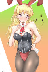 Rule 34 | 1girl, adapted costume, animal ears, ascot, black pantyhose, blonde hair, braid, brown eyes, commentary request, covered erect nipples, cowboy shot, detached collar, fake animal ears, flying sweatdrops, french braid, highres, kantai collection, leotard, long hair, pantyhose, playboy bunny, rabbit ears, rabbit tail, red ascot, solo, strapless, strapless leotard, tail, tokiziku, two-tone leotard, wavy hair, zara (kancolle)