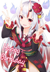 Rule 34 | 1girl, bell, blush, bow, collarbone, cowboy shot, detached sleeves, divergenceok, double v, fang, flower knot, frills, hair bow, hands up, happy birthday, highres, hitodama, hololive, horns, japanese clothes, kimono, long hair, long sleeves, looking at viewer, mask, mask on head, multicolored hair, nakiri ayame, nakiri ayame (1st costume), obi, oni, oni mask, open mouth, red eyes, rope, sash, shimenawa, sidelocks, silver hair, skin-covered horns, smile, solo, streaked hair, tassel, thighs, v, virtual youtuber, white background