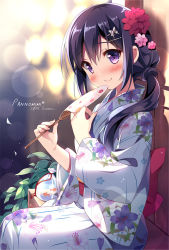Rule 34 | 10s, 1girl, 2015, bag, blush, butterfly hair ornament, fish, floral print, flower, front ponytail, goldfish, gradient background, hair flower, hair ornament, hairclip, hand fan, japanese clothes, kimono, leaf, lens flare, long hair, long sleeves, looking at viewer, low ponytail, obi, original, pan (mimi), paper fan, ponytail, purple eyes, purple hair, sash, sitting, smile, solo, summer, uchiwa, wide sleeves, yukata