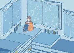 Rule 34 | 1girl, 428 reverb, betelgeuse (star), blue pants, blue theme, book, book stack, bookmark, brown eyes, brown hair, canis major (constellation), canis minor (constellation), constellation, fish, gemini (constellation), highres, holding, holding book, jellyfish, knees up, long hair, manta ray, octopus, open book, original, orion (constellation), oversized object, pants, procyon (star), sirius (star), sitting, smile, solo, star map, starfish, sunfish, surreal, taurus (constellation), twitter username, wide shot