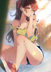Rule 34 | 1girl, absurdres, arutera, ass, bad id, bad twitter id, bare legs, bare shoulders, black shorts, blurry, breasts, brown eyes, brown hair, cleavage, crop top, frown, gingham, hair ribbon, hand up, highres, lens flare, long hair, looking at viewer, medium breasts, midriff, original, red footwear, red ribbon, ribbon, shirt, shoes, short shorts, shorts, sleeveless, sleeveless shirt, sneakers, solo, strap slip, thighs, yellow shirt