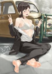 Rule 34 | 1girl, absurdres, barefoot, black hair, bra, brown eyes, car, chainsaw man, double v, feet, higashiyama kobeni, highres, light blush, long hair, looking at viewer, mbr90munouk, motor vehicle, open clothes, open mouth, soles, toes, underwear, v
