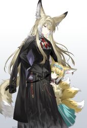 2girls absurdres animal_ears arknights black_coat black_jacket black_skirt blonde_hair blue_skirt brown_cardigan cardigan coat coat_on_shoulders colored_tips feet_out_of_frame fox_ears fox_girl fox_tail frown gradient_background green_eyes grey_background hiding hiding_behind_another highres jacket long_hair looking_at_viewer mother_and_daughter multicolored_hair multiple_girls multiple_tails necktie official_alternate_costume pleated_skirt red_necktie rio_(rio773) shirt skirt suzuran_(arknights) suzuran_(spring_praise)_(arknights) tail twitter_username vulpisfoglia_(arknights) white_hair white_shirt yellow_eyes