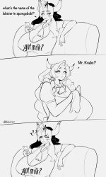 Rule 34 | 2girls, 3koma, ???, animal ears, blanca (ushijidraws), breasts, cleavage, comic, confused, cow ears, cow girl, cow horns, cowbell, english text, gigantic breasts, highres, horns, leche (ushijidraws), mole, mole on breast, monochrome, multiple girls, original, skindentation, ushijidraws, washing dishes